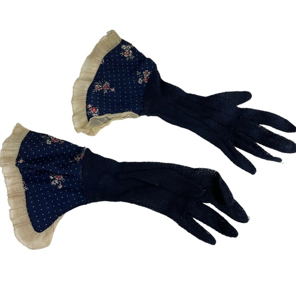 Vintage 1940s Elegant Floral Silk Mesh Dainty Small Sized Navy Blue Pink Flowers - Picture 1 of 16